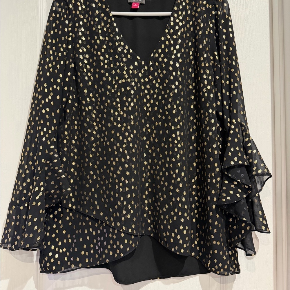 Vince Camuto Black and Gold Sheer Polka Dot Blouse - Picture 2 of 5